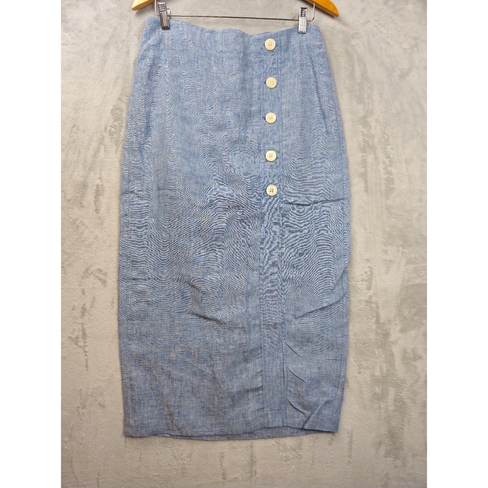 LOFT Pencil Skirt Chambray Blue 100% Linen Side Button Midi Size 4 Minimalist